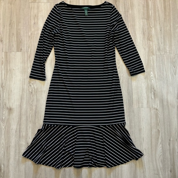 Lauren Ralph Lauren Womens Dress Small Black White Striped‎ Stretch 3/4 Sleeve - Picture 1 of 8